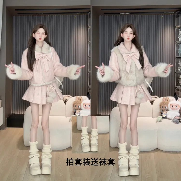 F胡萝卜【两面穿毛呢蝴蝶结拼草草裙套装】冬季新款女生新款潮牌