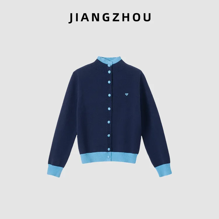 江洲【凌海】秋冬毛衣开衫时尚新款撞色假两件设计款亲肤羊毛半高领