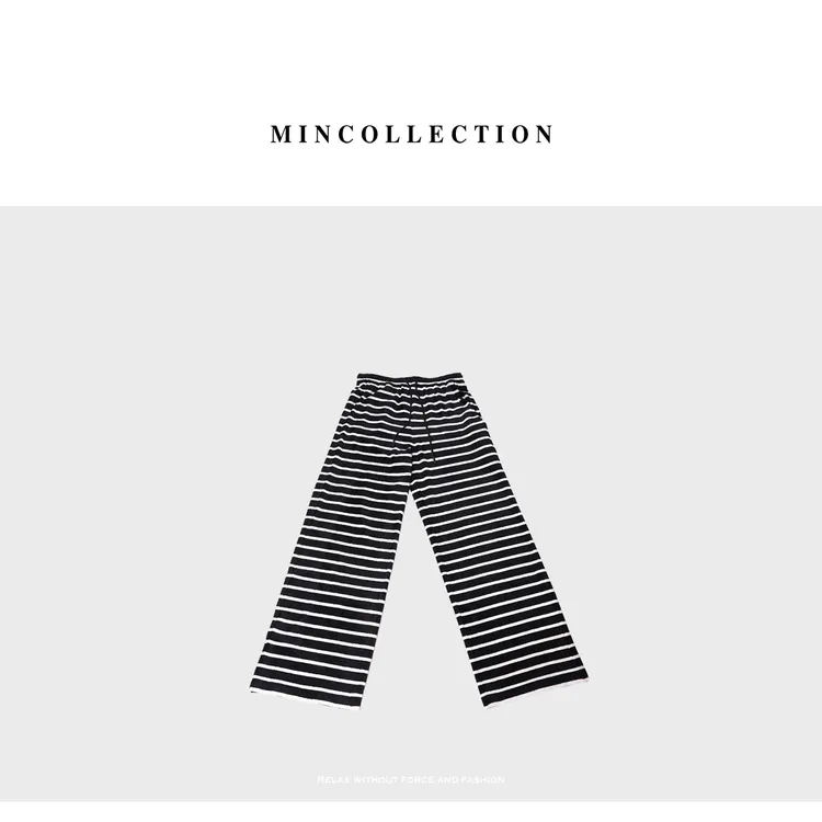 DE Mincollection黑白条纹裤/色织提花天鹅绒松紧直筒休闲裤40424