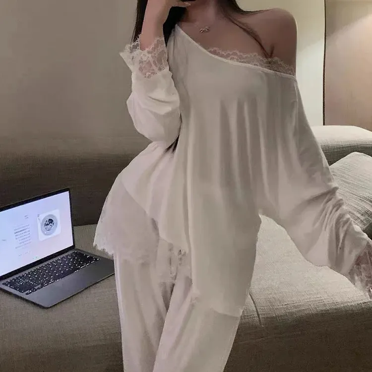 轻奢韩版纯欲风蕾丝花边睡衣女秋款休闲气质长袖长裤家居服套装