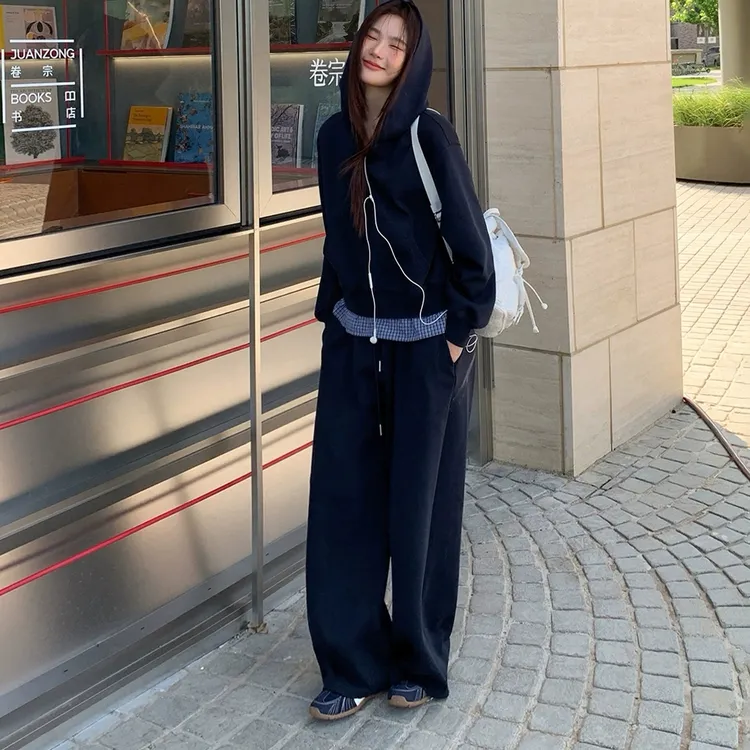 2025秋季格纹连帽曼巴棉卫衣休闲裤两件套女秋季高级感时尚套装
