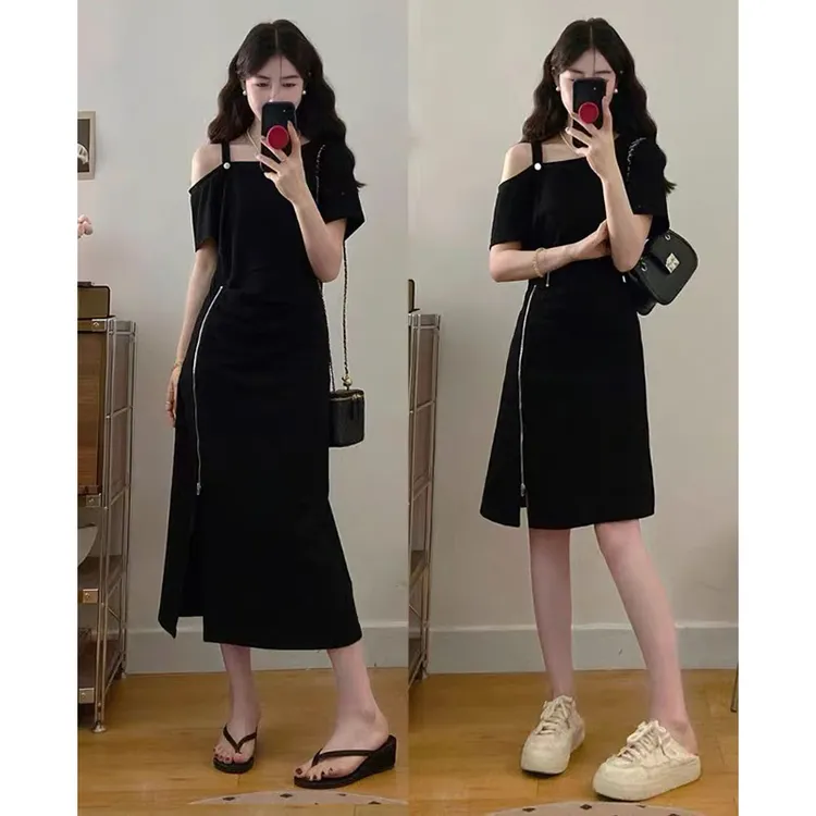 大码法式微胖短袖连衣裙女夏季胖MM藏肉显瘦裙子赫本风气质小黑裙