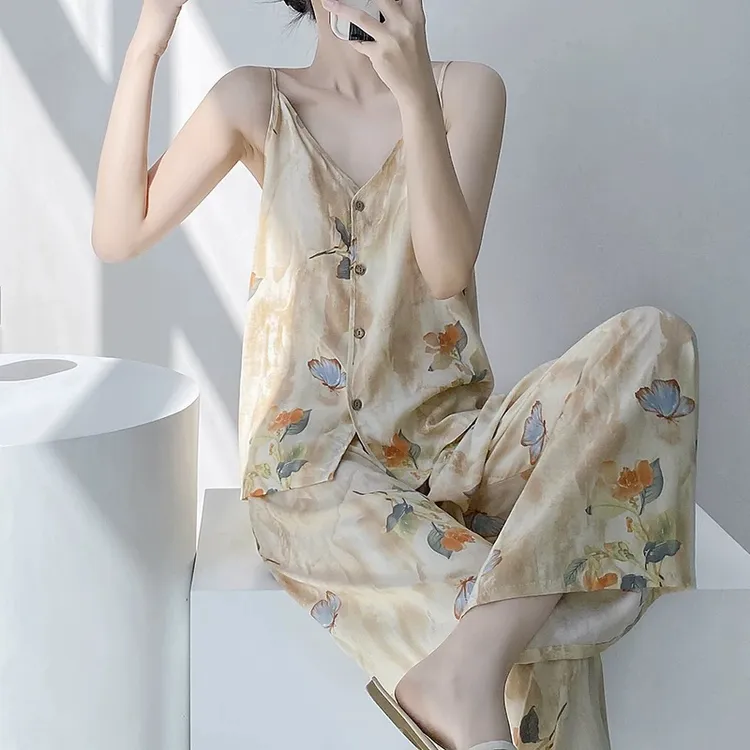 夏天睡衣女春秋季吊带短裤甜美可爱高级感女家居服可外穿棉绸套装
