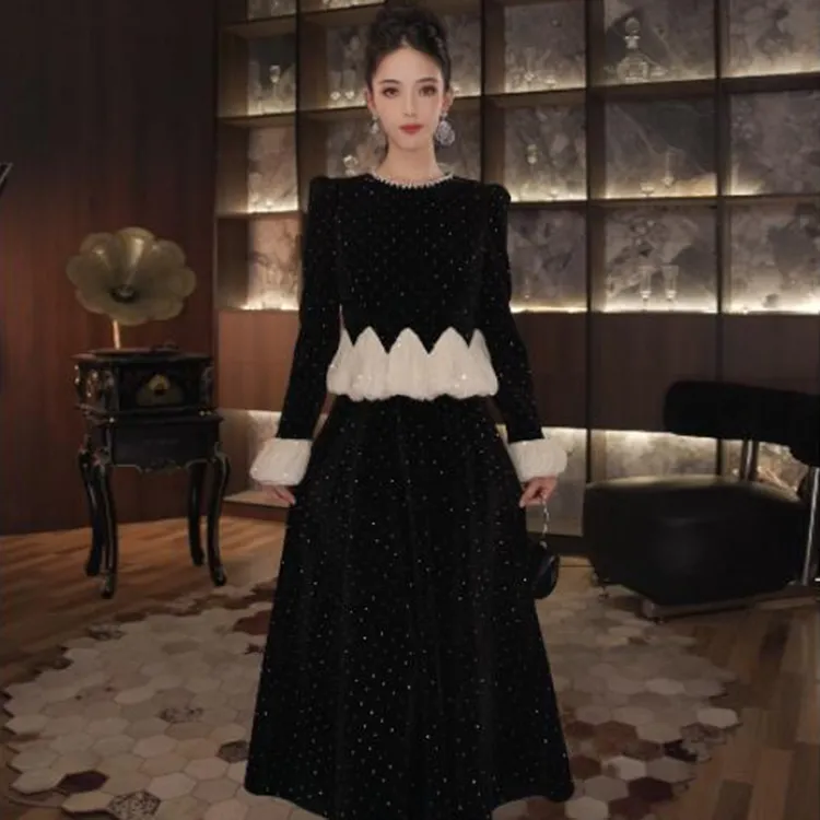 2025春秋时尚显瘦法式性感气质名媛女装连衣裙拼接修身裙子2949