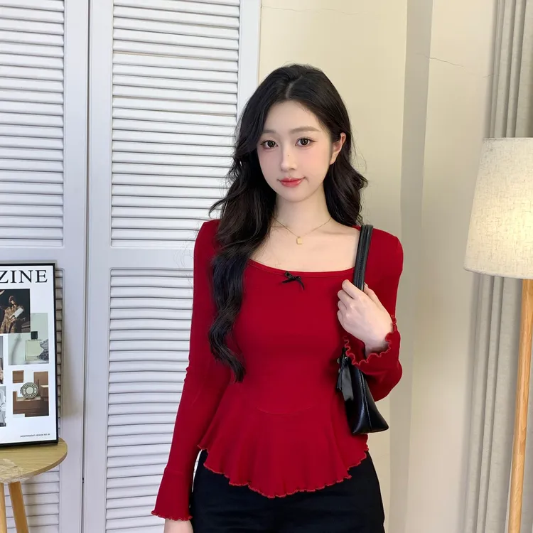 大码T恤胖mm法式蝴蝶结u领长袖女秋季小香风设计感显瘦微胖气质