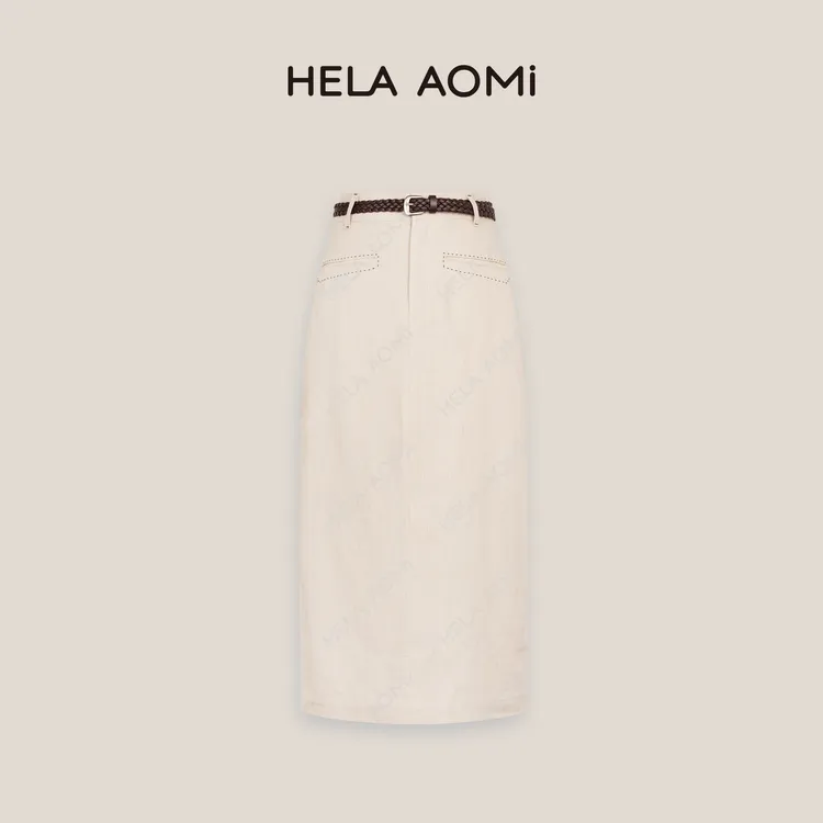 HELAAOMI“明线麻半裙”麻莱赛尔高腰显瘦复古直筒中长裙CY5BM71530
