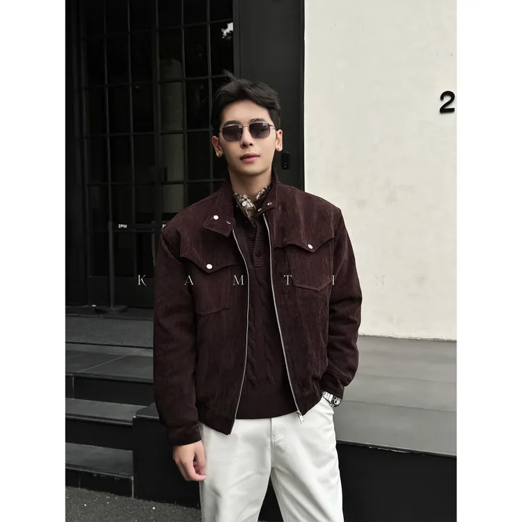 美式复古「高端线丝绒磨毛」冬季保暖工装夹克男士宽松夹棉立领外套