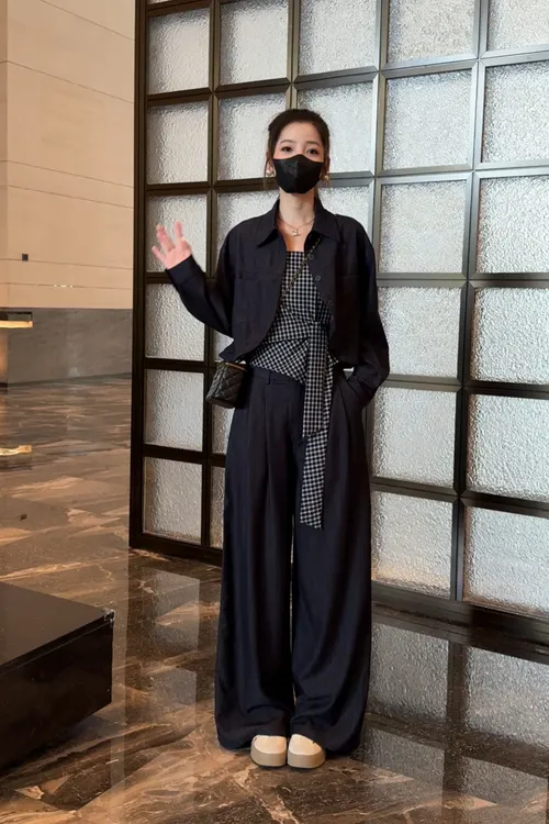 早秋外套格子绑带配高腰阔腿裤韩系显瘦气质休闲风时尚三件套