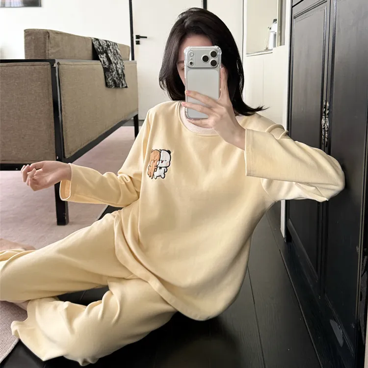 2025新款蚕丝羊绒带胸垫冬季爆款圆领长袖高颜值家居服睡衣套装