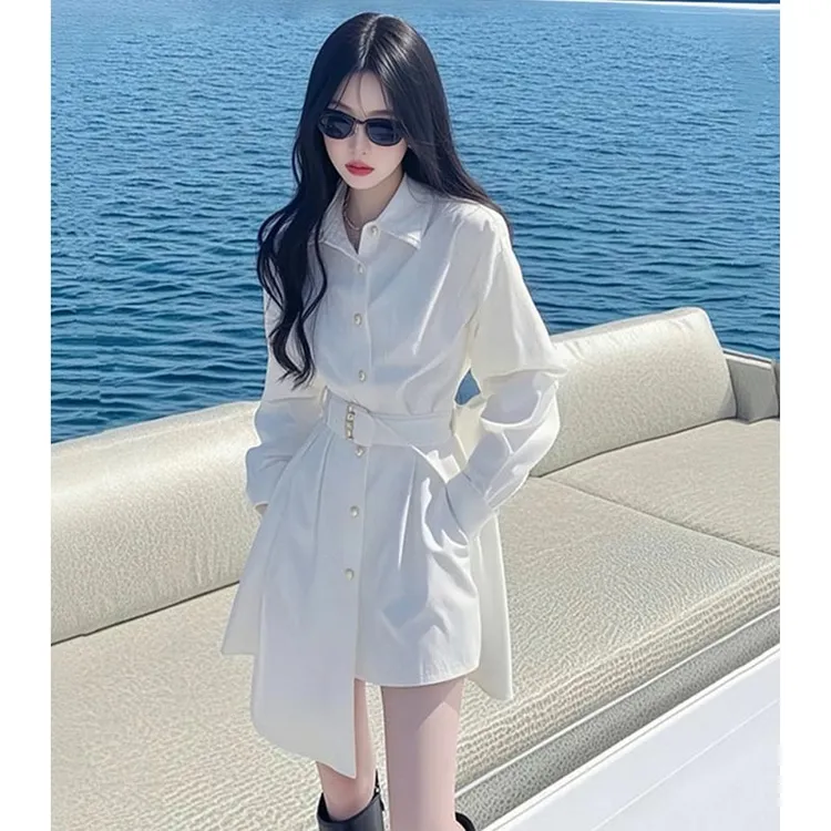 高级感气质翻领衬衫连衣裙女2025年春秋新款收腰显瘦不规则短裙潮