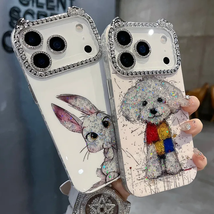 适用苹果系列iPhone17新款手机壳16prom小众白底兔子爆闪猫咪镜框