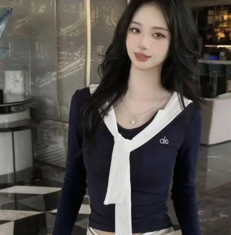 早秋季新款撞色披肩海军领长袖t恤修身显瘦收腰时尚百搭女上衣ins
