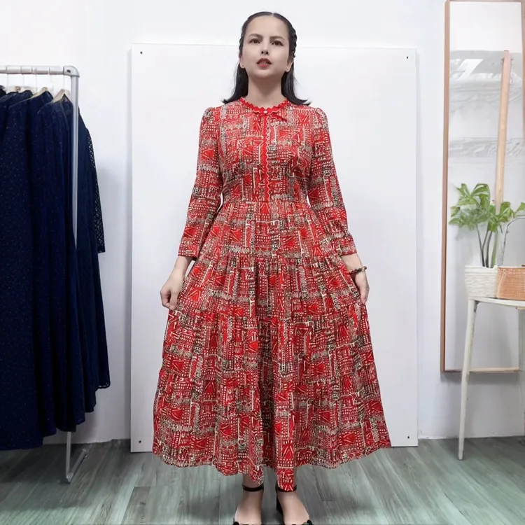 春夏桂系立领九分袖淑女民族风优雅气质修身碎花拼接大摆连衣长裙