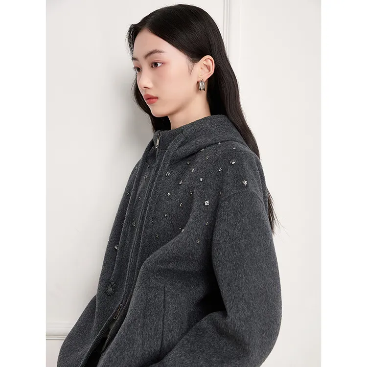 Goodland美地女装2025冬季新款休闲连帽羊毛卫衣外套LC35510370