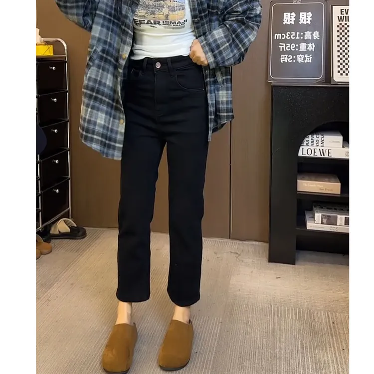 黑色烟管牛仔裤女秋冬胖mm宽松显瘦加绒加厚高腰弹力九分直筒裤子