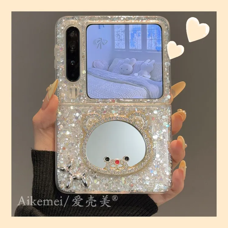 适用华为PuraX折叠屏手机壳pocket2闪粉立体小米MIX Flip镜子熊头