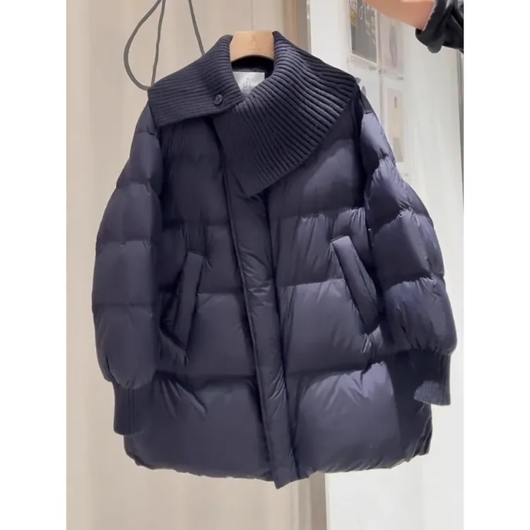 黑色针织披肩泡芙棉服女2025冬季新款韩系中长款保暖棉服外套新款