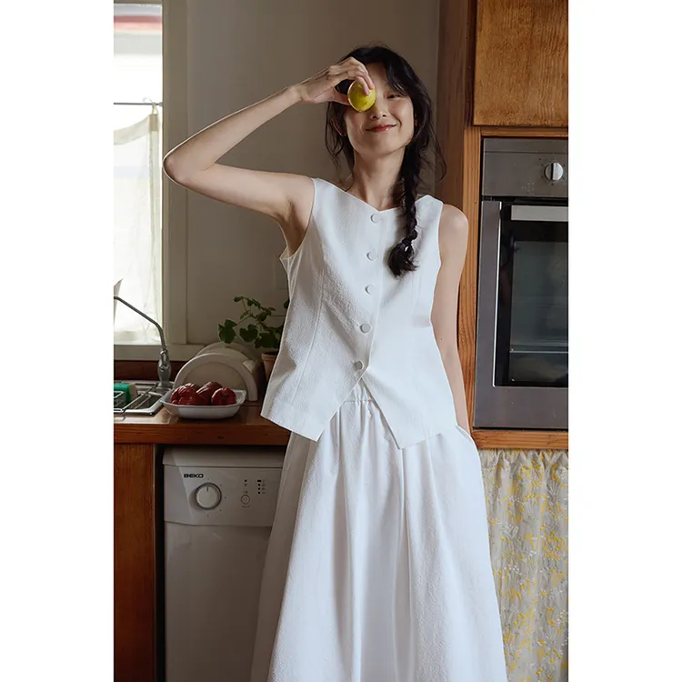 popchriov领马甲无袖上衣休闲感西装背心A字伞裙半身裙套装女