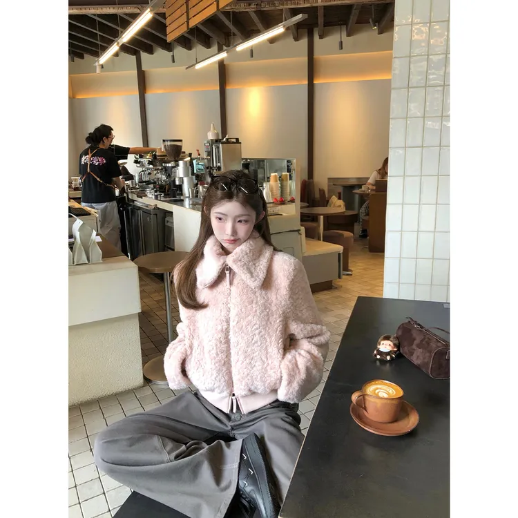 中古少女 翻领韩版拉链保暖毛毛小香风女大衣螺纹下摆短外套时尚