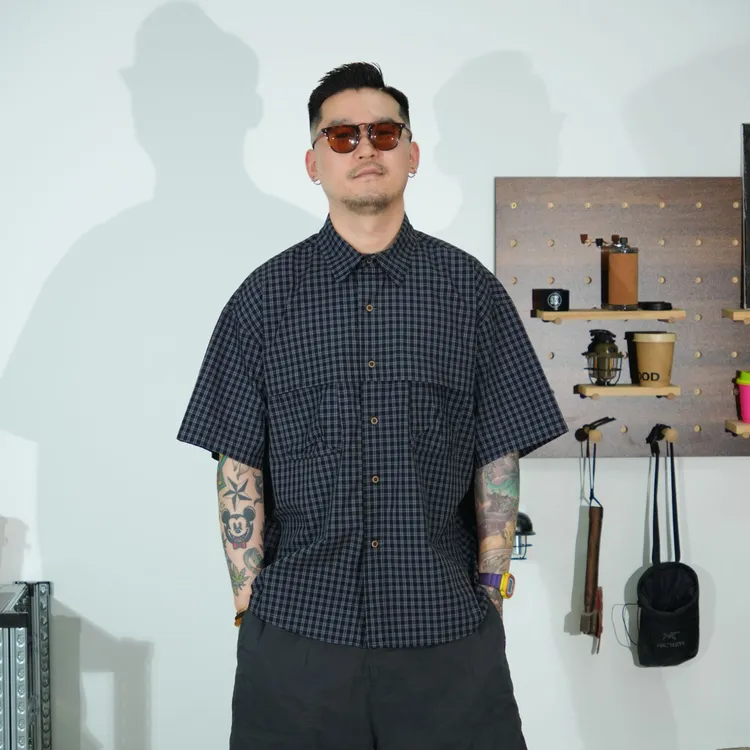 25SS港风复古天丝凉感衬衫夏季宽松休闲日系工装格纹短袖衬衣