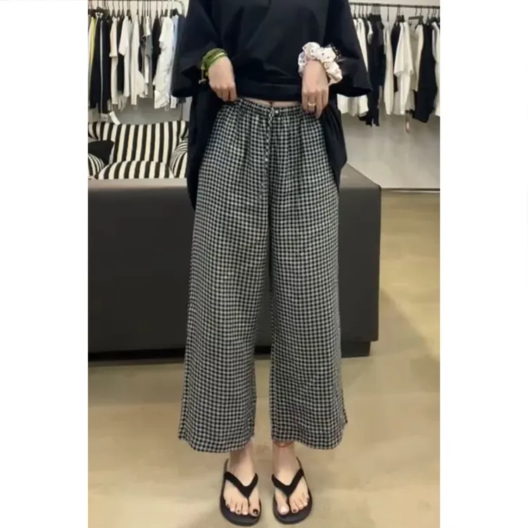 艾塔莉夏季女款文艺风格子百搭阔腿裤新款休闲百搭宽松显瘦直筒裤