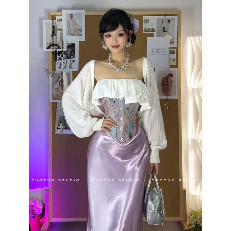 秋季新品「紫鸢」 超重工侧拉链鱼骨胸衣收腰T恤缎面弹力鱼尾裙套装