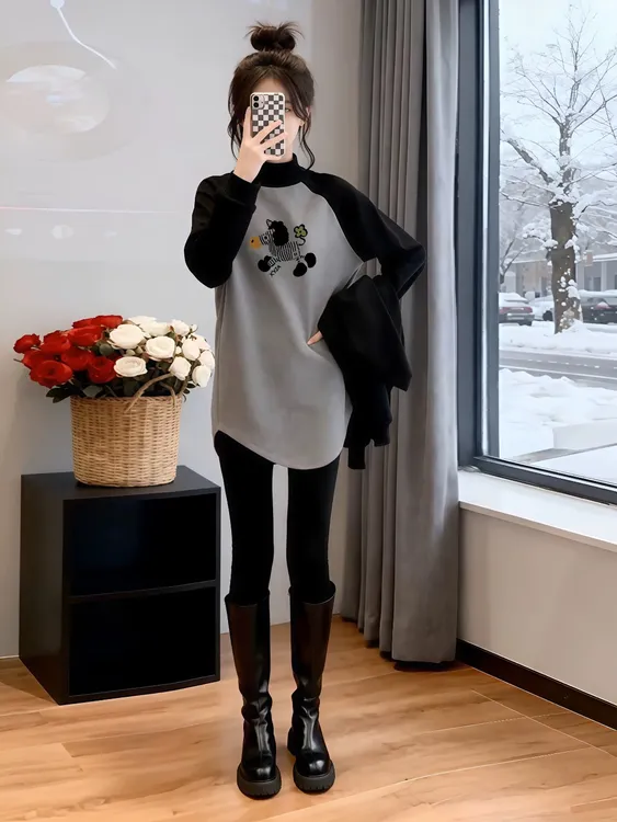 秋冬新款半高领中长款插肩加绒加厚女T恤德绒衣服内搭打底衫长袖