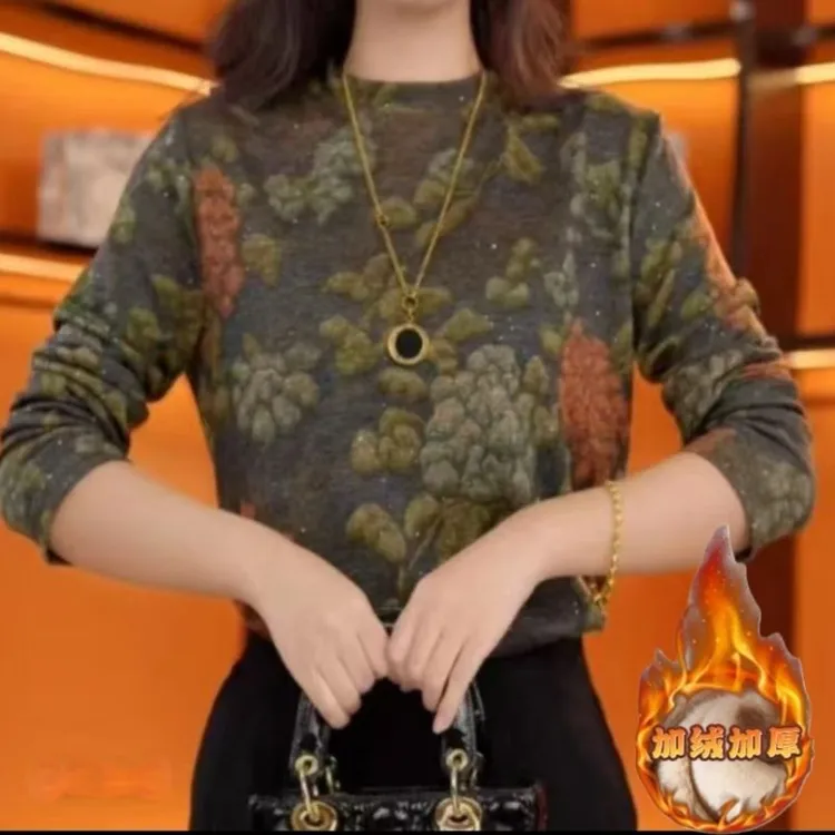 新款高档澳绒女士中年妈妈冬季打底衫保暖衣内搭洋气印花T恤小衫