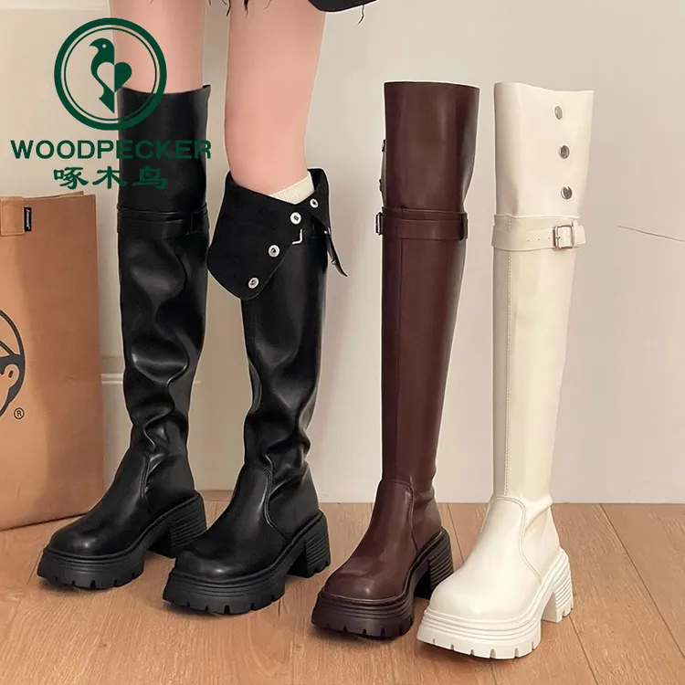 啄木鸟百搭显瘦厚底翻折两穿骑士靴女2025秋冬新款长筒靴过膝靴
