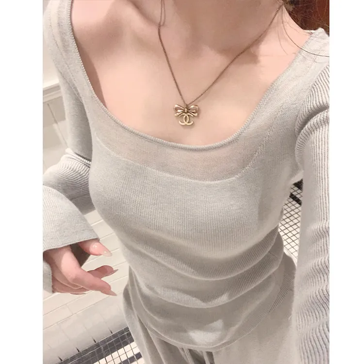 方领针织打底衫女2025秋冬季新款内搭修身高级感纯欲毛衣长袖上衣