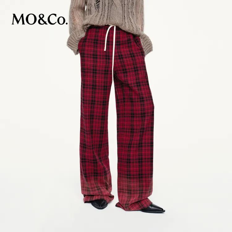 【流光风】MOCO休闲裤2025秋新品棉质黑红格纹渐变高腰MBE3PATT11