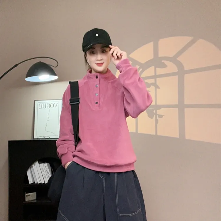 6678#咖色休闲韩版双面奥粒绒四粒扣保暖卫衣