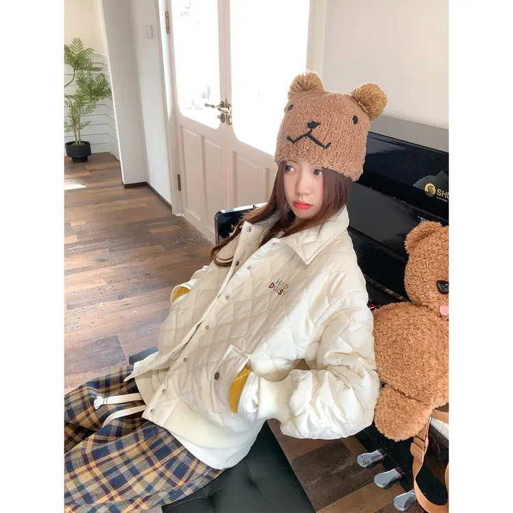 【一只小胖潇】韩系翻领米杏色菱格棉服外套女冬季