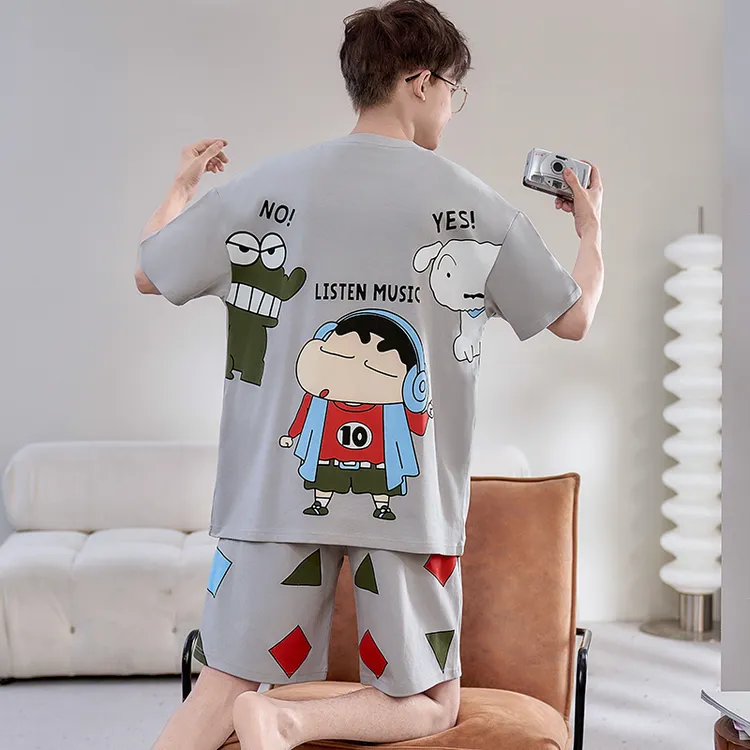 男士睡衣夏季纯棉短袖短裤薄款套装青少年可外穿大码家居服套装