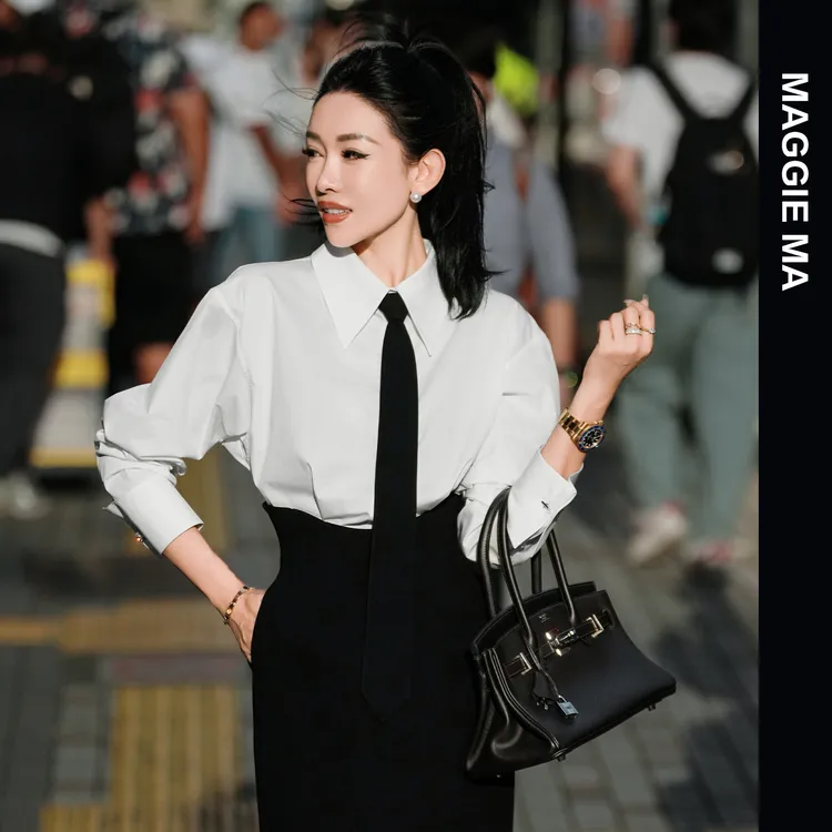 MAGGIE MA马婧设计师款黑白撞色俏皮领带简约大气连衣裙367D