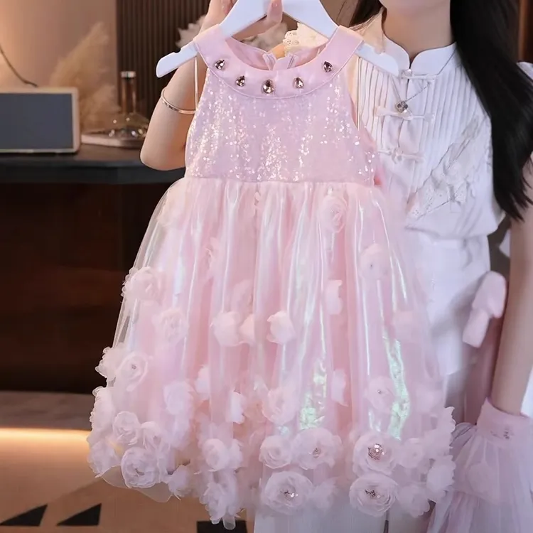 女童连衣裙夏季新款儿童花朵无袖挂脖生日礼服裙女宝宝背心公主裙