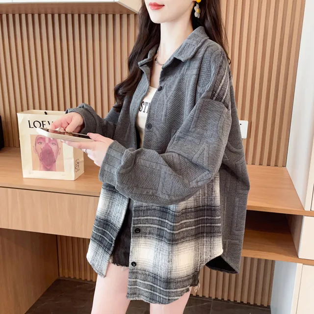 设计感女小众秋冬bf慵懒风拼接衬衫外套大码中长款不规则提花上衣