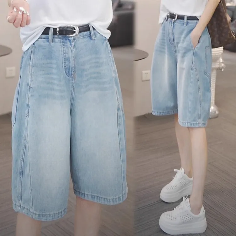 欧货蓝色花苞工装牛仔裤女2025夏季新款宽松显瘦高腰休闲五分裤子