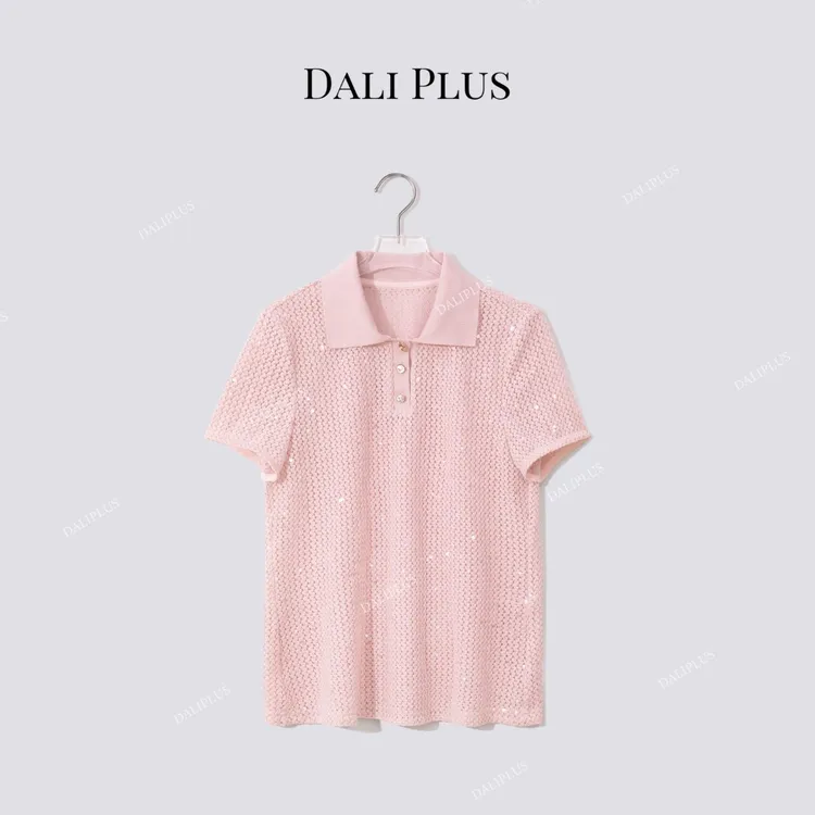DALI PLUS“粉色星空衫” Polo领针织短袖上衣-D5ST1251