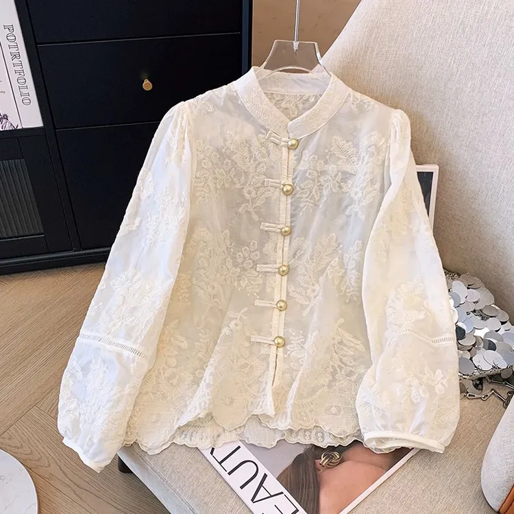 (有内衬)新中式立领刺绣蕾丝衬衫女春夏款显瘦百搭长袖上衣