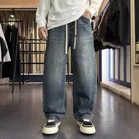 KP-X立裁复古水洗高棉感蓝牛秋季休闲百搭男士松紧腰弯刀牛仔长裤