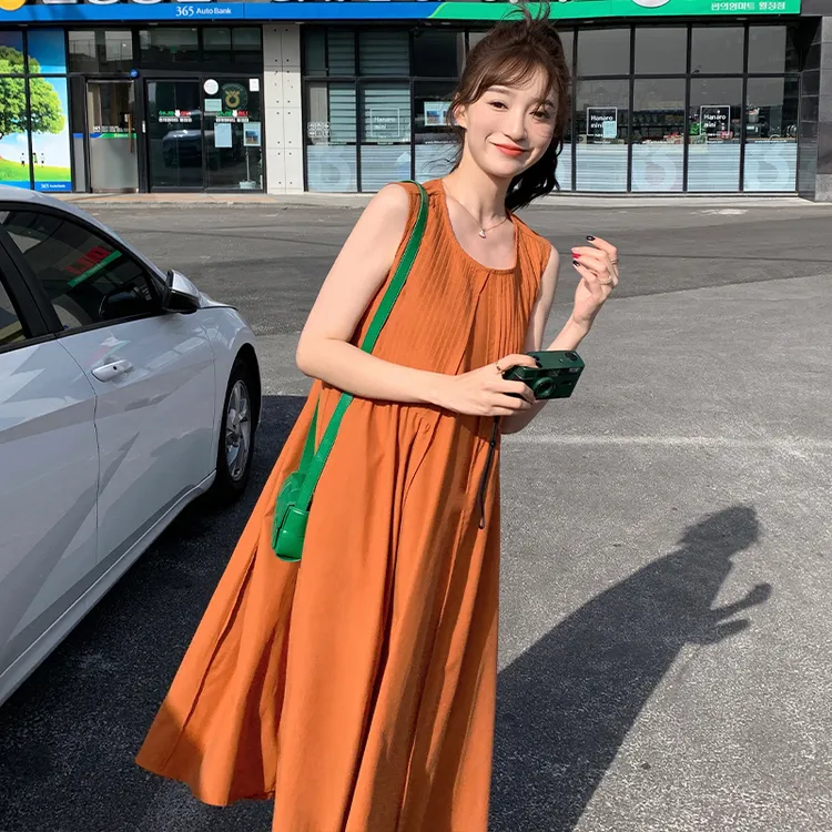 夏季连衣裙夏季法式小个子长裙法式气质长裙无袖背带显瘦时尚复古