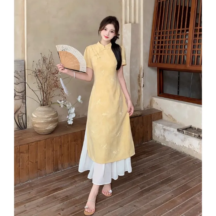 2025秋装新款胖mm大码爆款女国风新中式拼接雪纺旗袍显瘦连衣裙