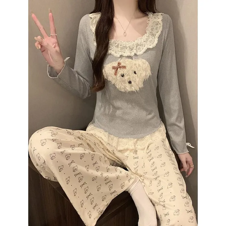 可爱狗莫代尔睡衣女春秋季带胸垫长袖长袖花边蕾丝家居服学生套装