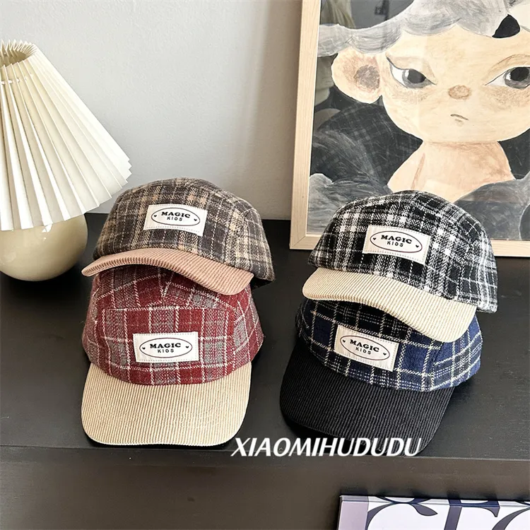 韩系儿童毛呢鸭舌帽秋冬季宝宝格子棒球帽秋冬洋气男女童防风帽潮