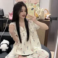 （粉蓝狗）夏季可爱显瘦纯棉短袖套头女家居服亲肤睡衣可外穿休闲