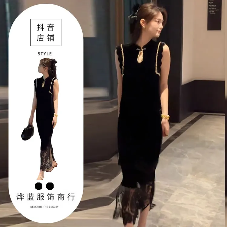 新中式气质国风黑色蕾丝无袖上衣半裙女装2025夏季新款名媛两件套