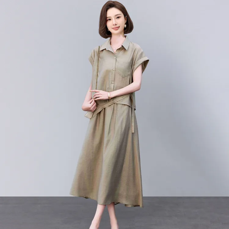 薄款天丝亚麻衬衫连衣裙套装女2025夏新款中年妈妈洋气减龄两件套