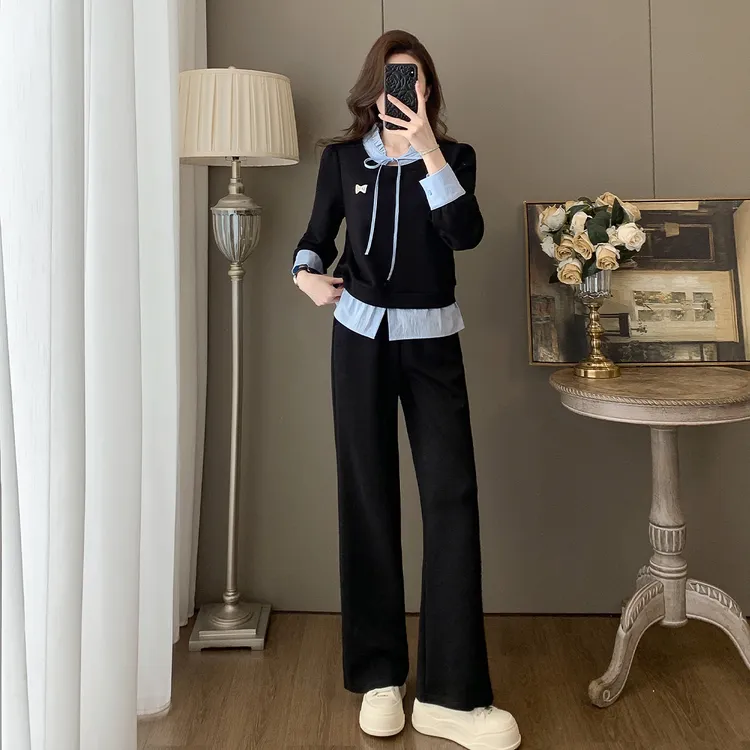 欧货高级感休闲时尚洋气穿搭撞色宽松卫衣淑女一整套高品质两件套