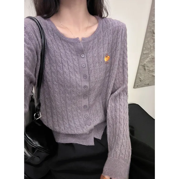 /晚苏紫小南瓜开衫/南瓜刺绣圆领麻花长袖针织开衫 衣长56 95317